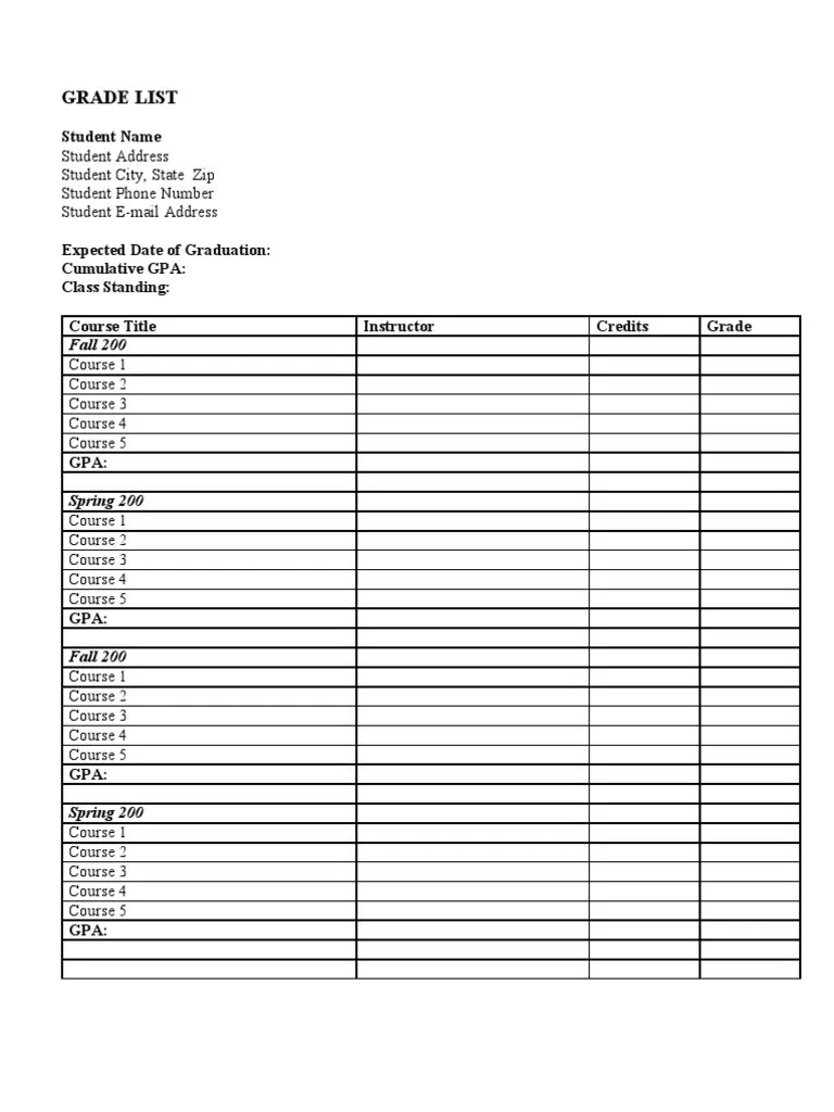 Unofficial Transcript Template