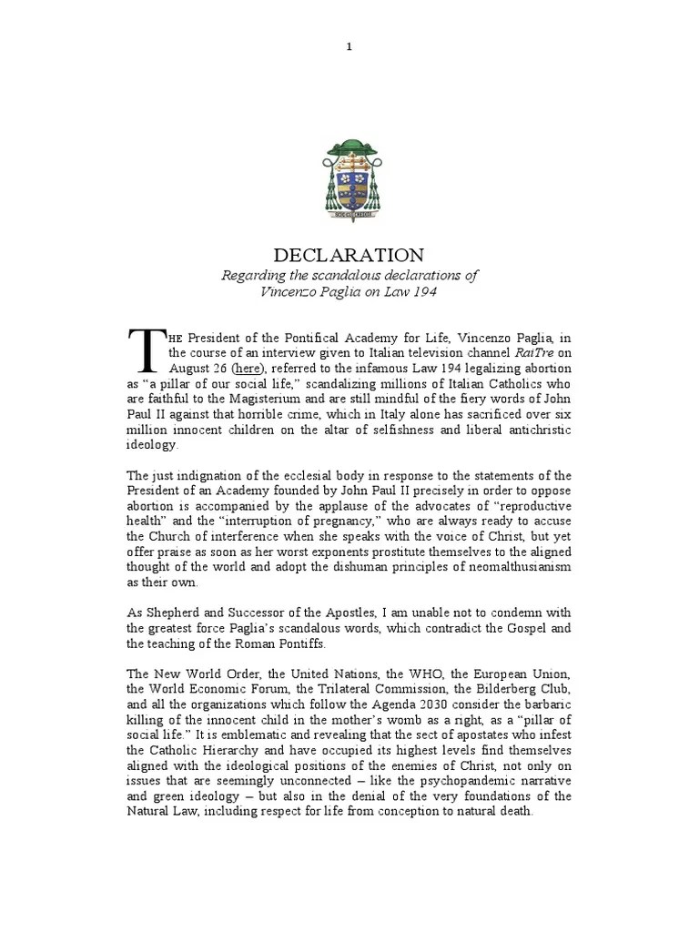 Declaration Regarding The Scandalous Declarations of Vincenzo Paglia
