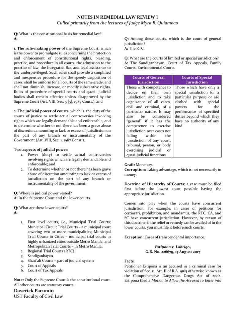 RemedialLawReview1Notes PDF In Rem Jurisdiction Lawsuit