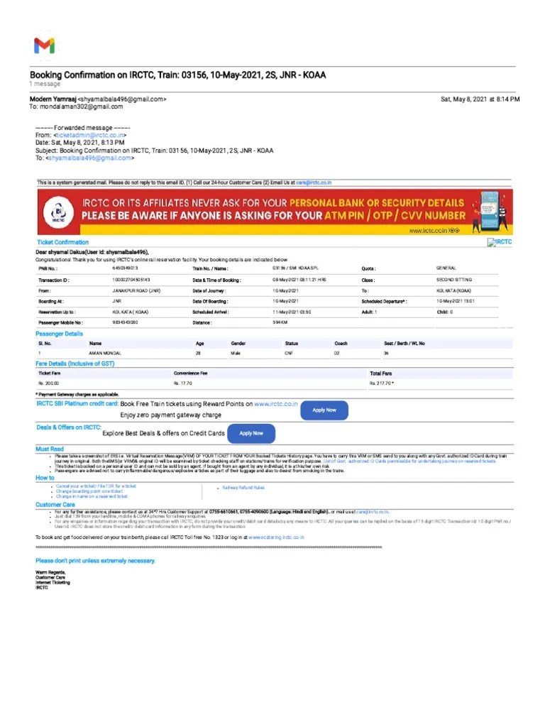 Booking Confirmation On IRCTC, Train 03156, 10May2021, 2S, JNR