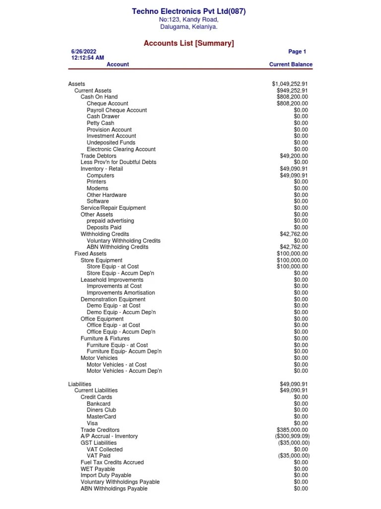 Accounts List Summary PDF Value Added Tax Finance & Money Management