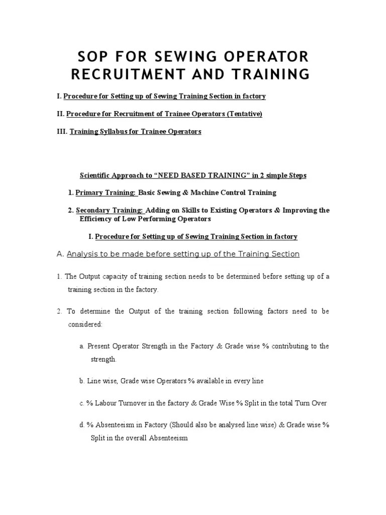 SOP For Sewing Operator Recruitment and Training PDF Sewing Machine