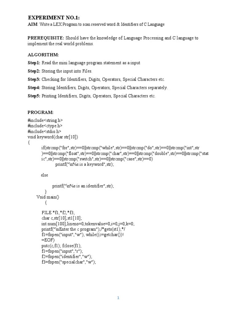 Experiment No.1 Write A LEX Program To Scan Reserved Word
