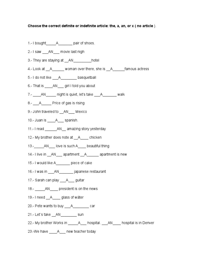 Choose the correct definite or indefinite article PDF