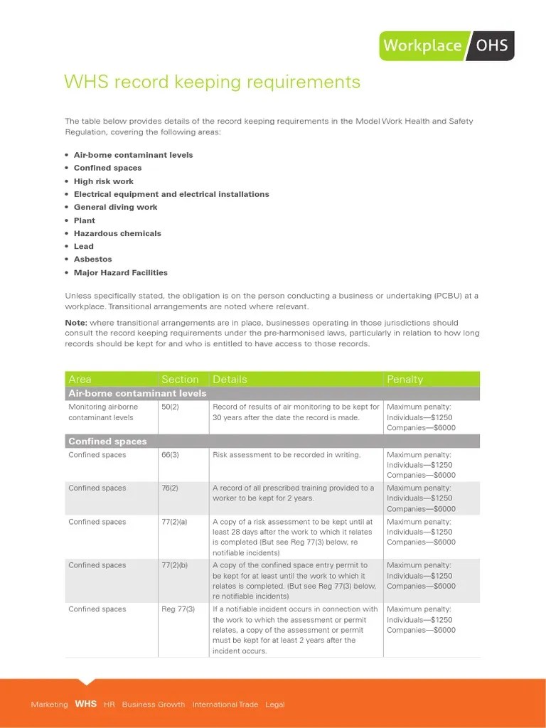 WHS Record Keeping Requirements PDF Underwater Diving Dangerous Goods