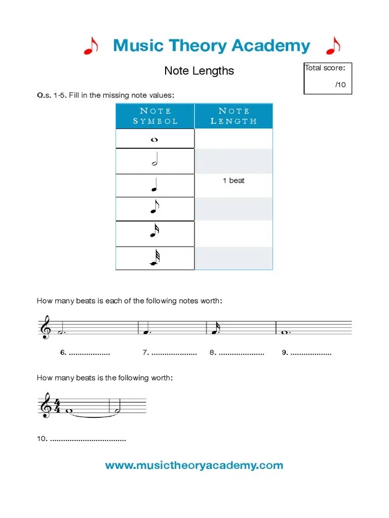 Note Lengths Worksheet | PDF