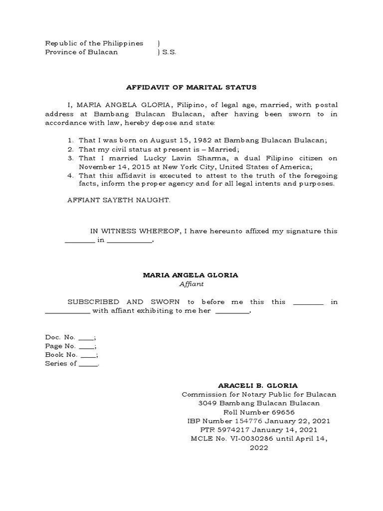 Affidavit of Marital Status PDF Affidavit Legal Procedure