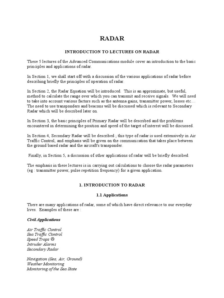 (radar) lecture notes PDF Radar Antenna (Radio)