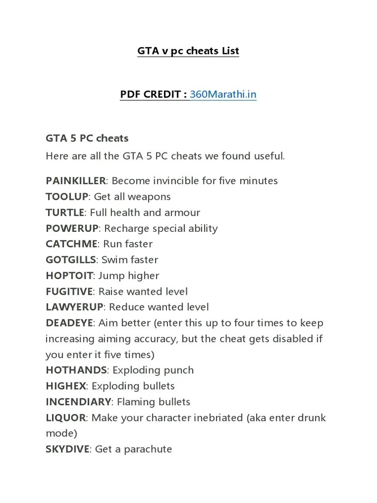 GTA V PC Cheats List PDF