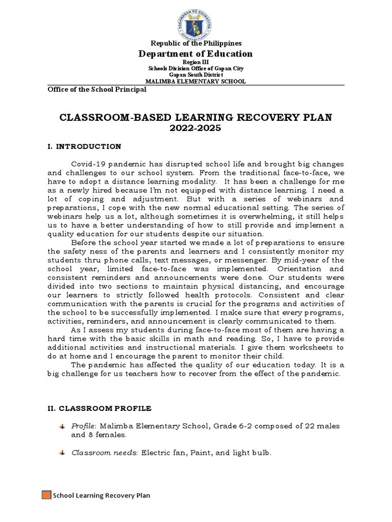 Classroom Based Learning Recovery Plan PDF Learning Teachers