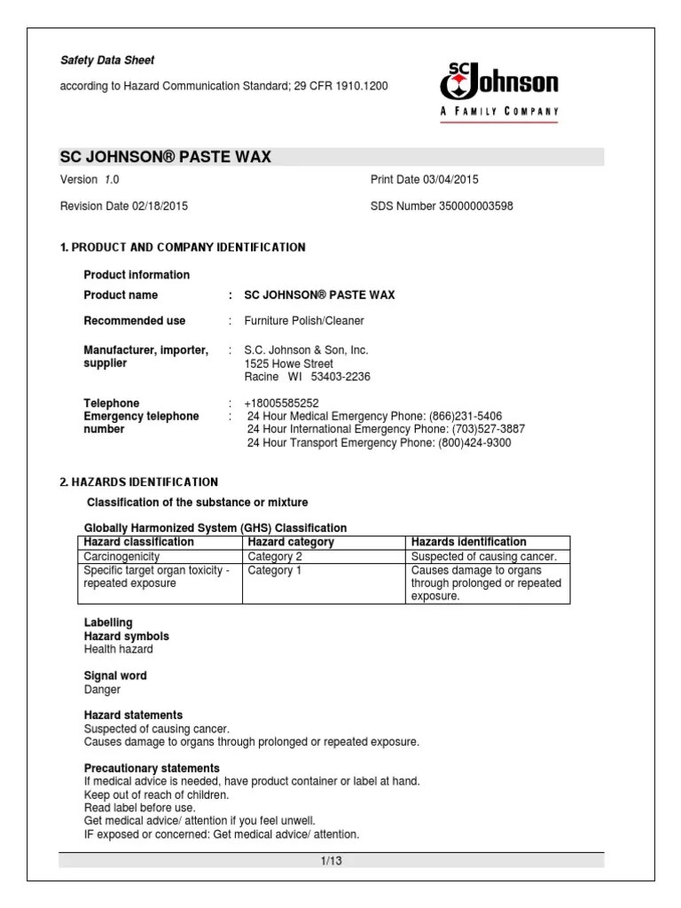 Johnson Paste Wax SDS PDF Toxicity Occupational Safety And Health