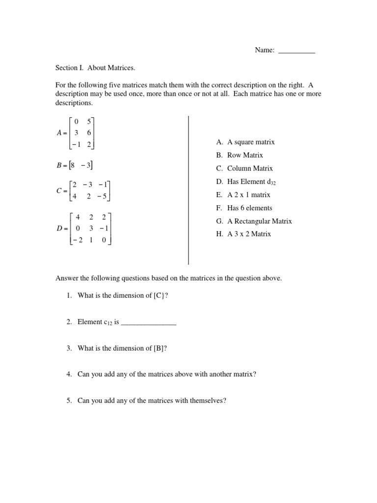 Matrices Worksheet 1 PDF Matrix (Mathematics) Algebra
