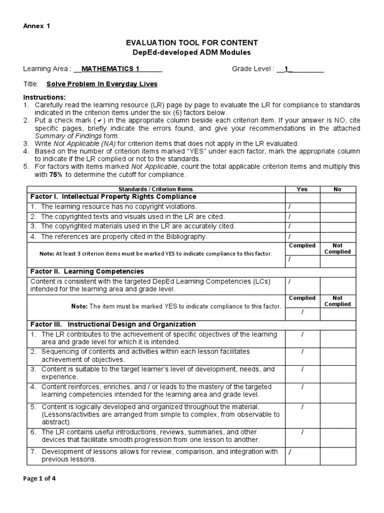 ADM Content Evaluation Tool PDF Educational Assessment Learning