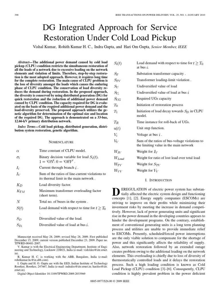 DG Integrated Approach for Service Restoration Under Cold Load Pickup