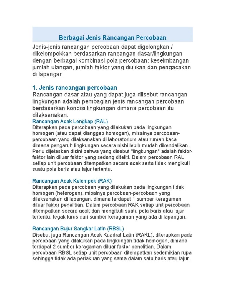 Berbagai Jenis Rancangan Percobaan