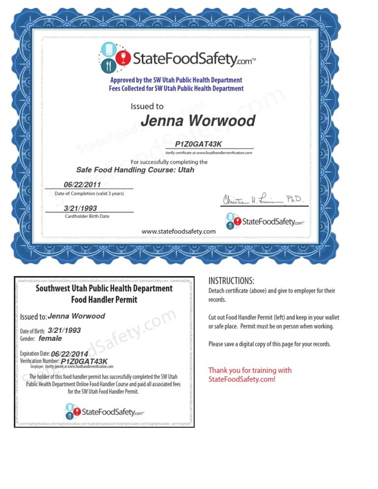 Food Handler Permit Issued to Jenna Worwood Documenting Successful