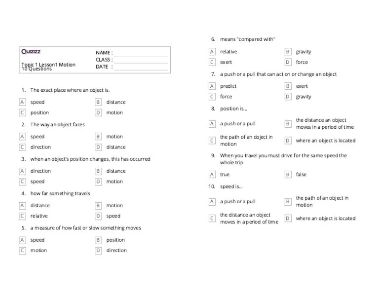 Topic 1 Lesson1 Motion Quiz PDF Speed Force