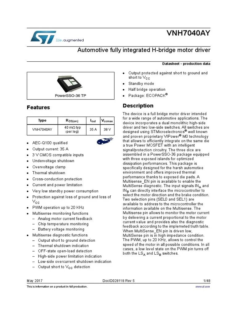 VNH7040AYTRdatasheet PDF Field Effect Transistor Cmos