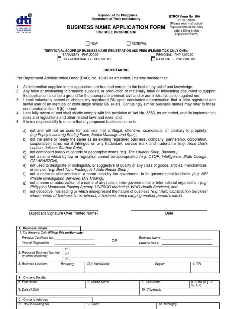 Business Name Application Form Sole Proprietorship Sole