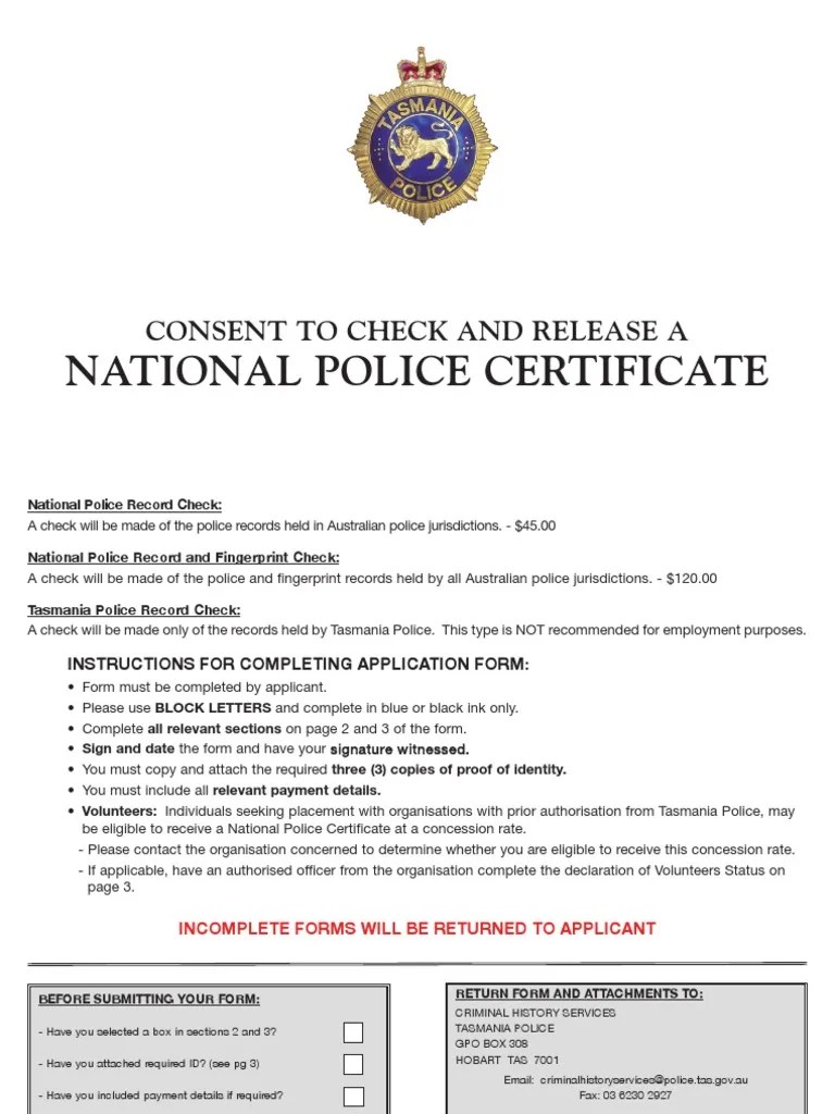 Consent to Check and Release a National Police Certificate July 2010