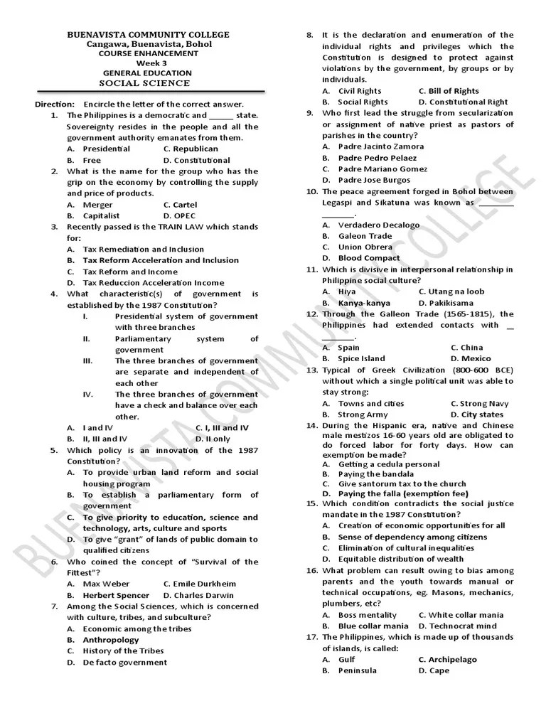 Week 3 (Social Science) Answer Key | PDF | Philippines
