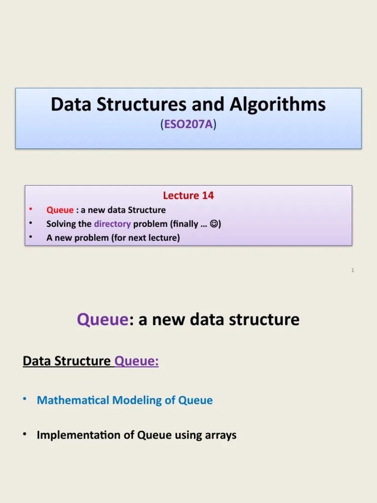 Lecture 14 ESO207A Queue With Example PDF Queue (Abstract Data Type
