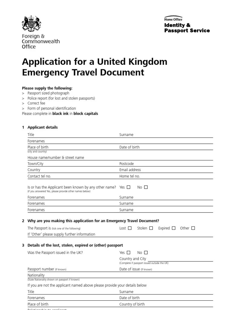 Application for a United Kingdom Emergency Travel Document Please