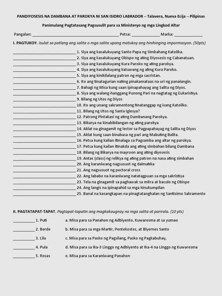 Assessment Examination 1. Tagalog PDF