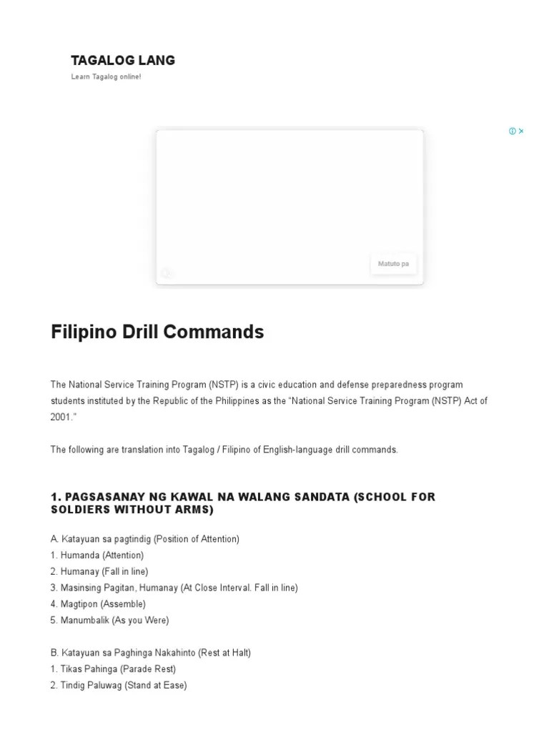 Filipino Drill Commands Tagalog To English Dictionary Online PDF