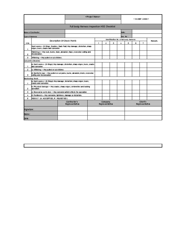 Full Body Harness Inspection HSE Checklist PDF