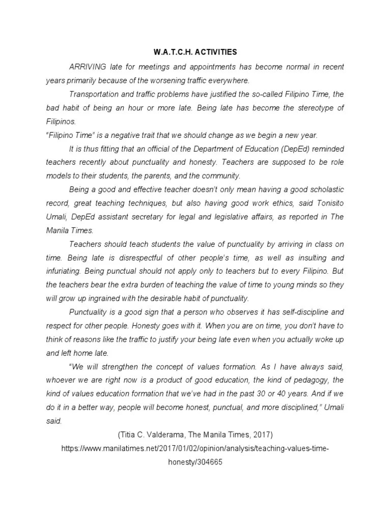 W A T C H ClubActivities PDF Integrity Social Institutions