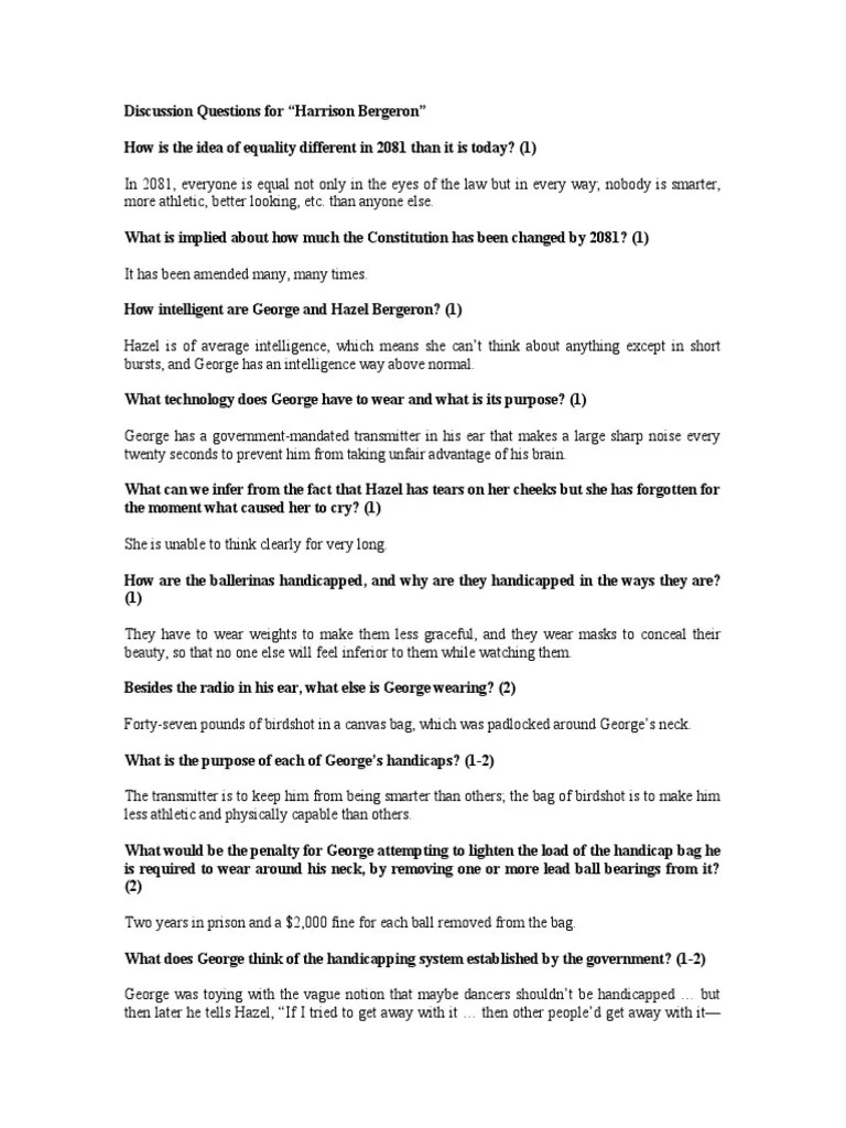 Harrison Bergeron Discussion Questions and Answers PDF
