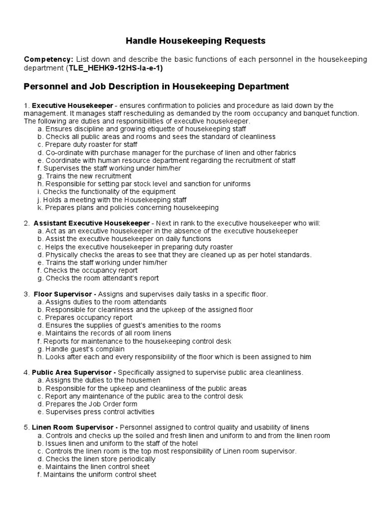 Housekeeping Personnel Roles and Responsibilities PDF Housekeeping