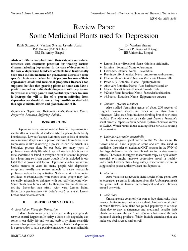 Review Paper Some Medicinal Plants Used For Depression PDF Major