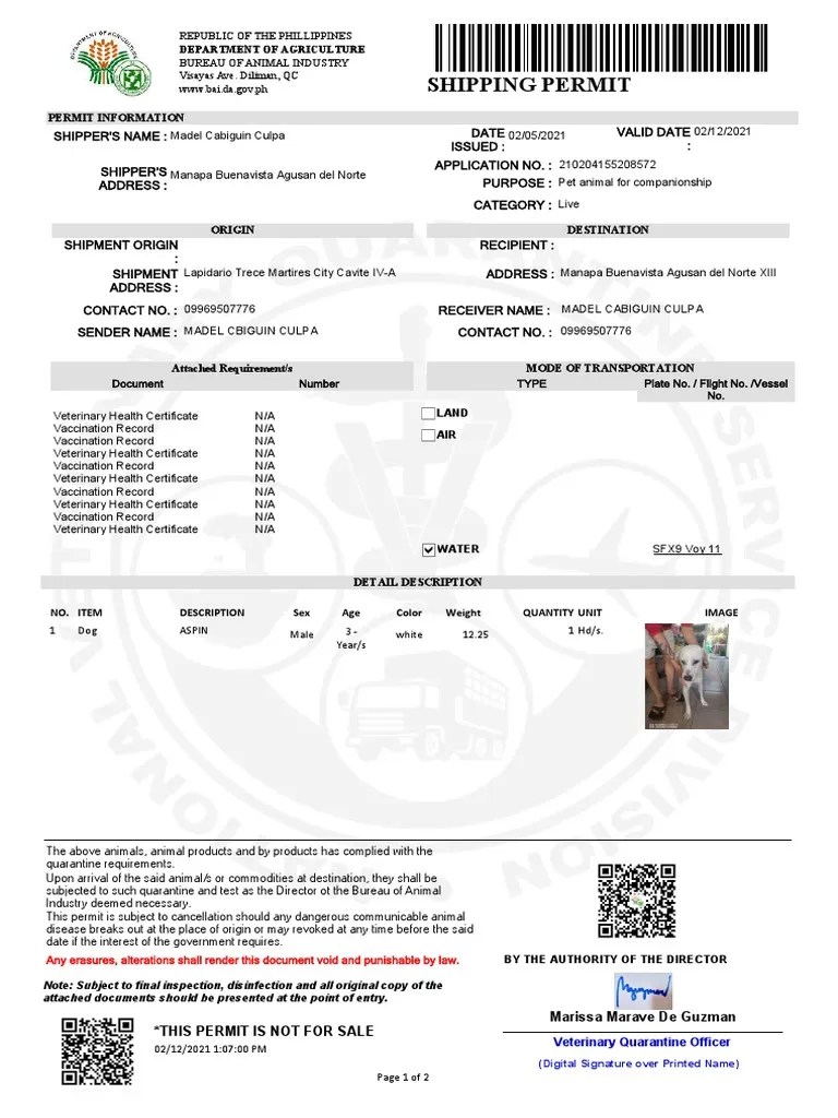 Shipping Permit for the Transport of Five Dogs from Cavite to Agusan