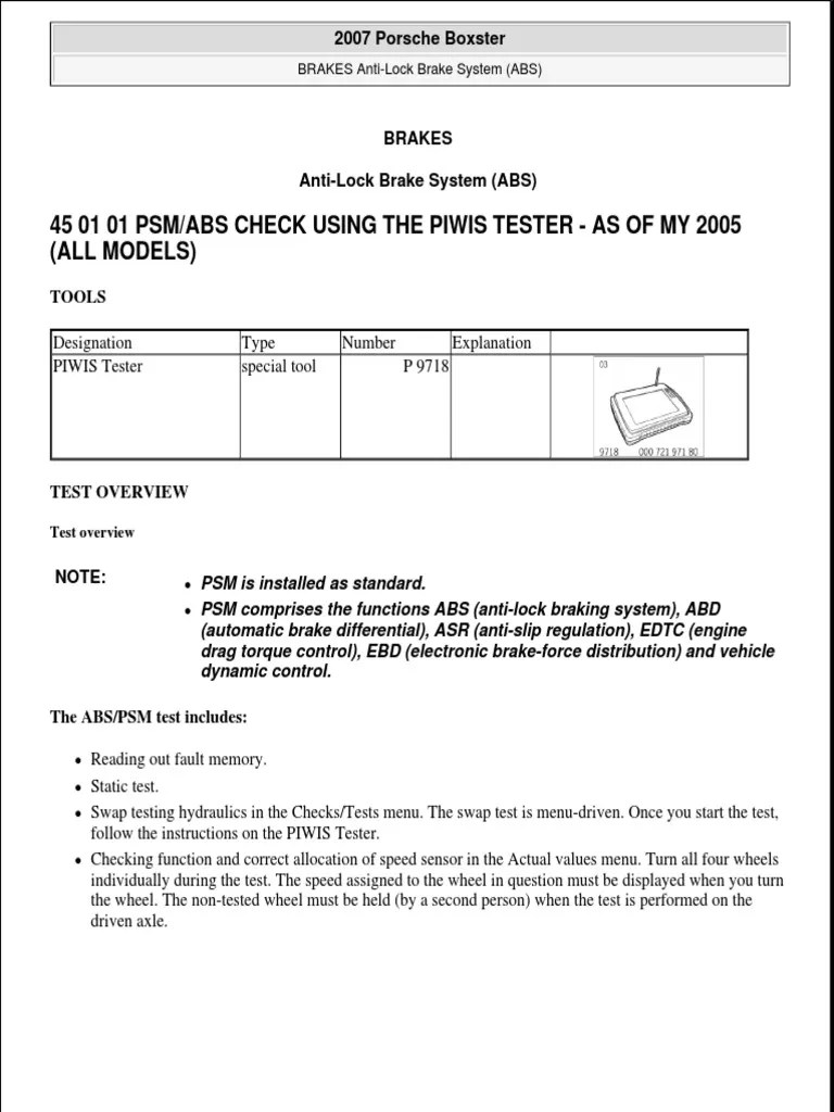 45 01 01 Psm/Abs Check Using The Piwis Tester As of My 2005 (All