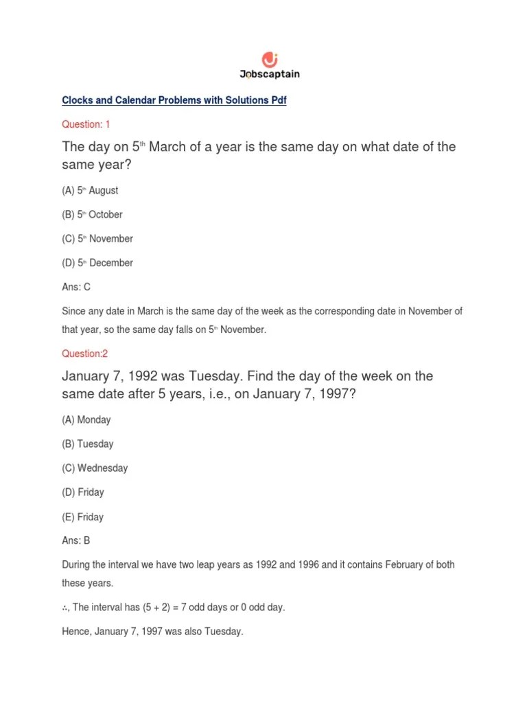 Clocks Calendar Problems Solutions PDF