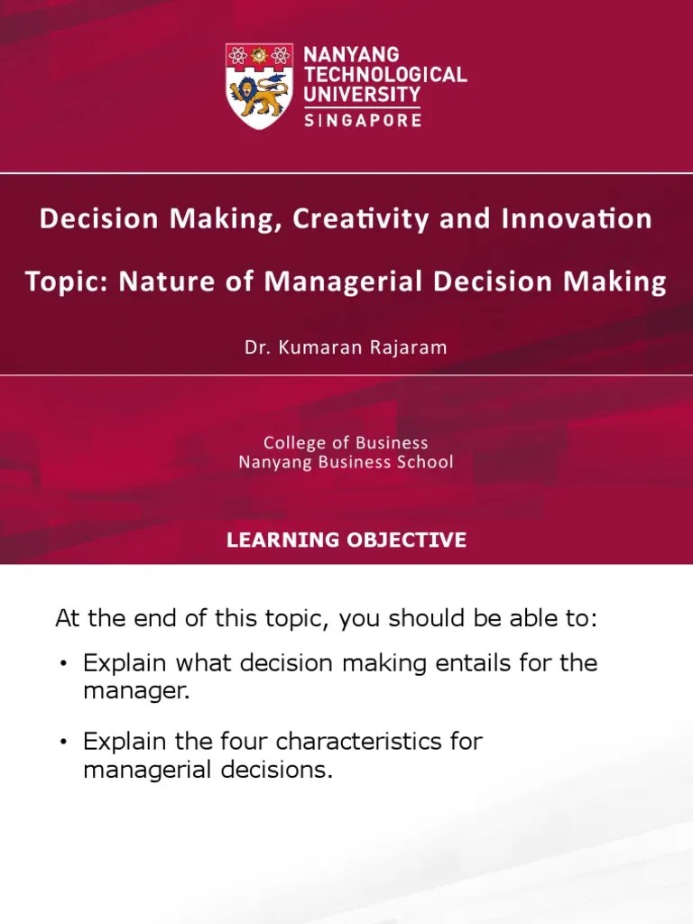Week 06 Notes 1 Nature of Managerial Decision Making PDF Decision