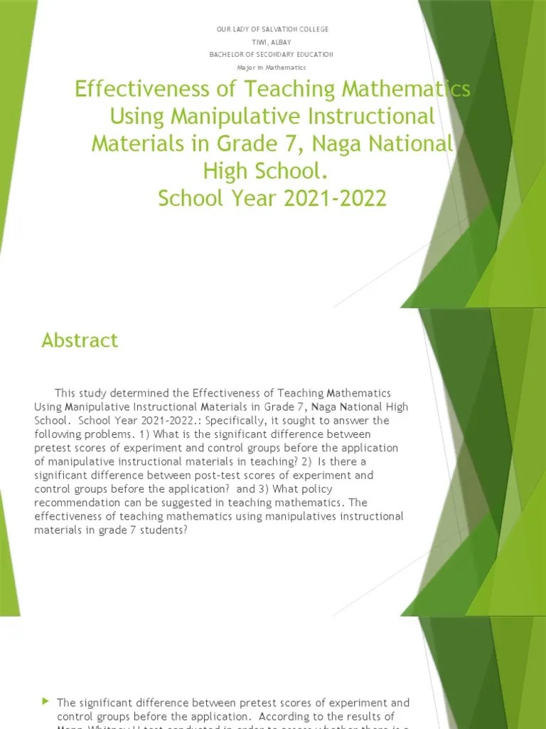 Effectiveness of Teaching Mathematics Using Manipulative Instructional