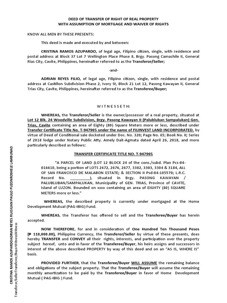 CASTILLON Deed of Transfer of Rights PAGIBIG AZUPARDOFILIO PDF