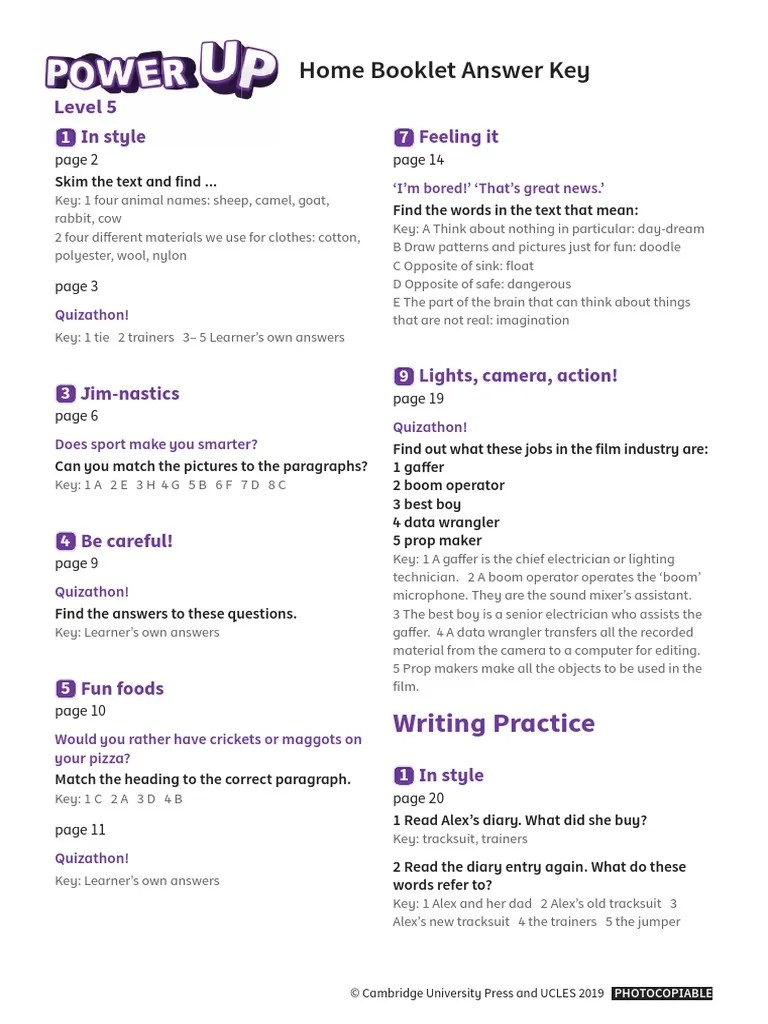 Power Up Power Up Home Booklet L5 Answer Key Answer Key | PDF | Linguistics