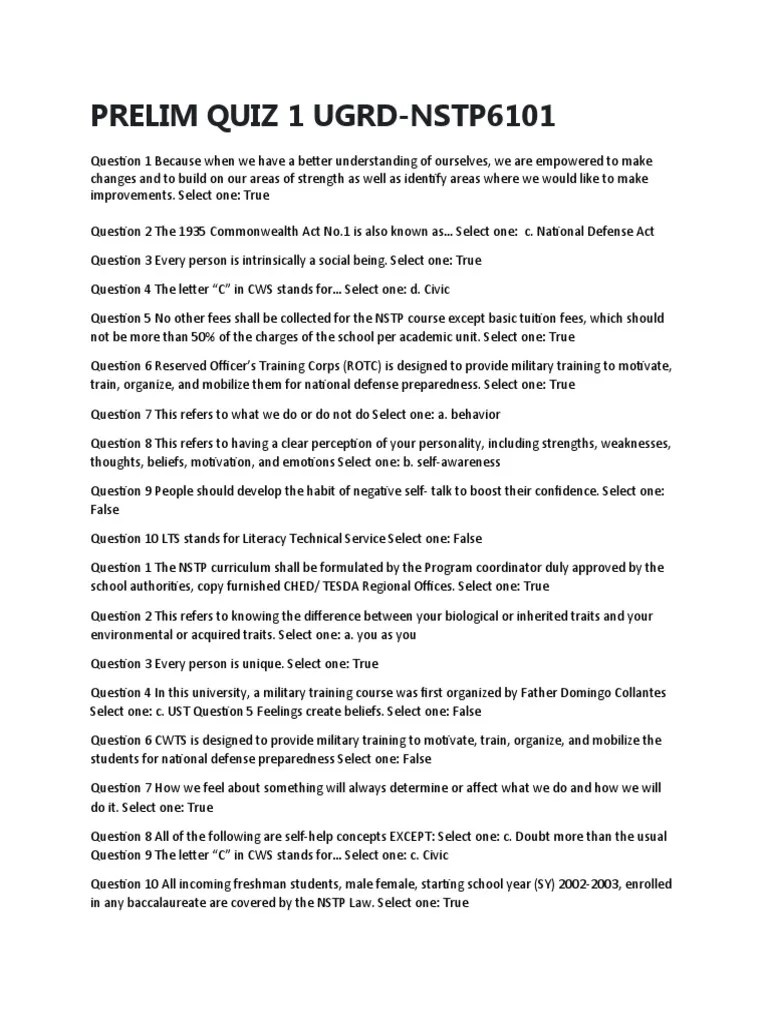 NSTP 6101 Prelim Quiz 1 PDF Metaphysics Of Mind Social Psychology