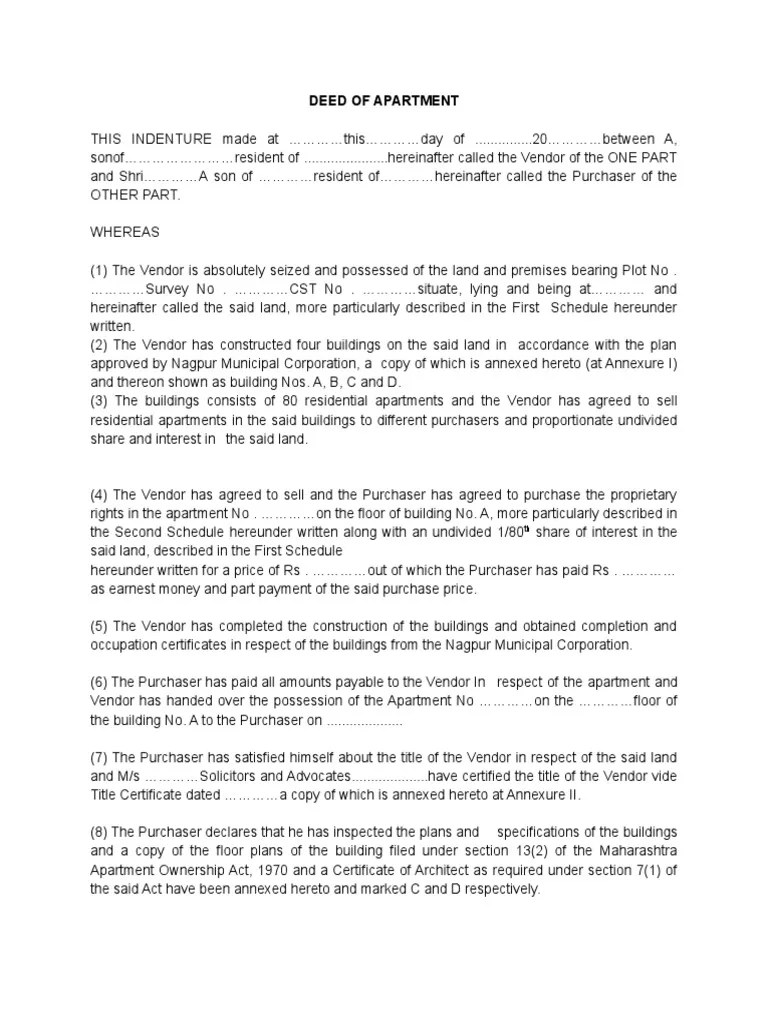 DEED OF APARTMENT PDF Covenant (Law) Common Law