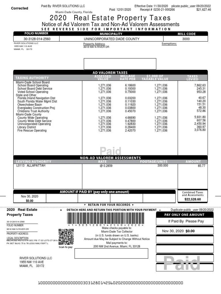 Miami Dade County Real Estate 30 3128 014 2560 2020 Annual Bill PDF