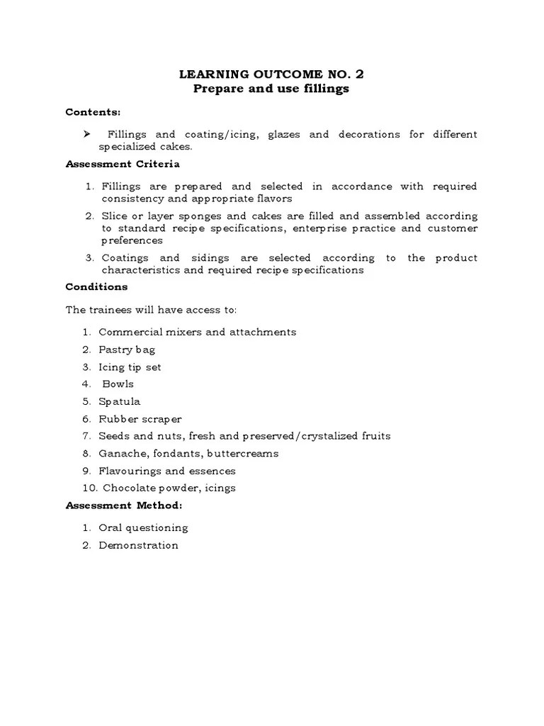 Learning No. 2 Prepare and Use Fillings Contents PDF Cakes