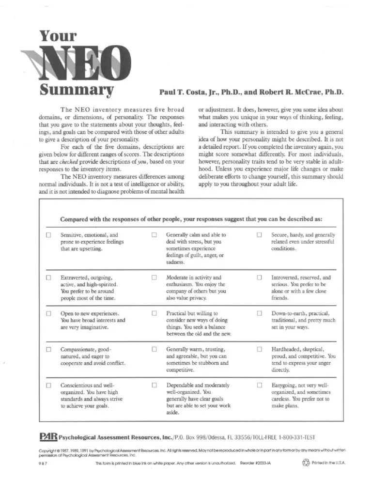 Neo Revised Neo Personality Inventory Neo Pi R Item Bookletaform S Paul