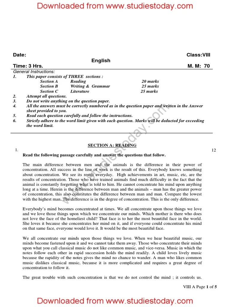 CBSE Class 8 English Question Paper Set D PDF Milk