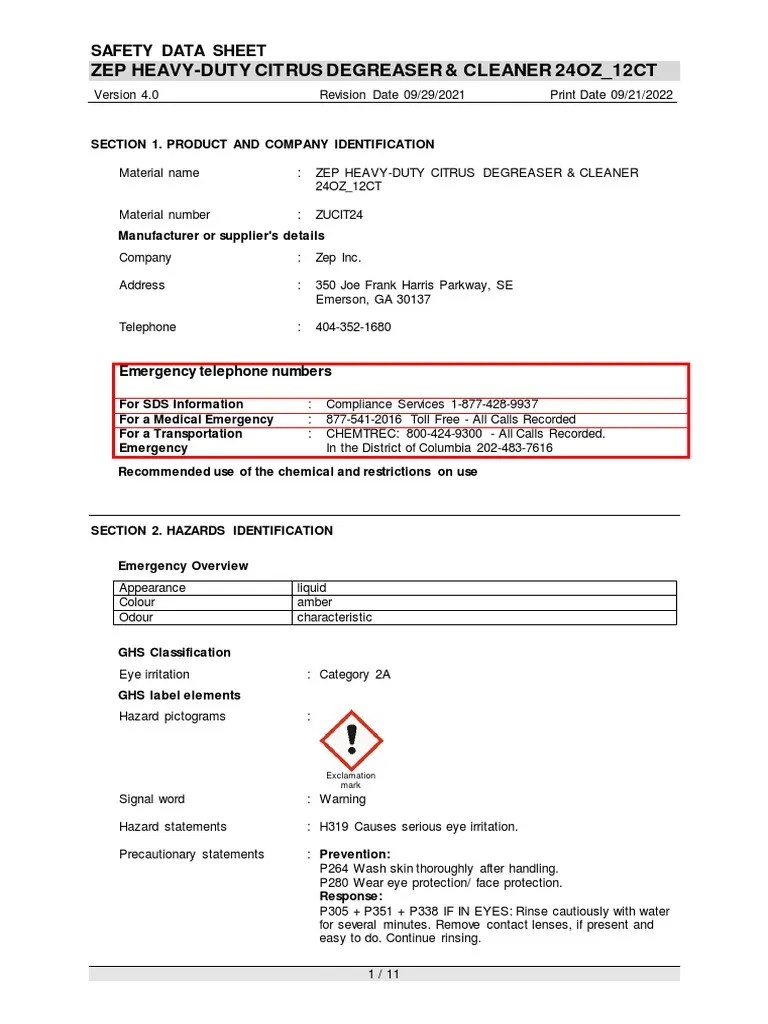 MSDS Zep PDF Dangerous Goods Toxicity
