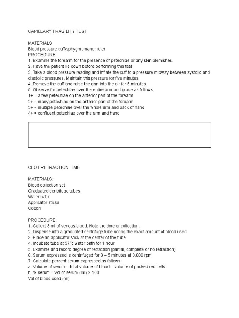 Capillary Fragility Test and Clot Retraction Time PDF Blood