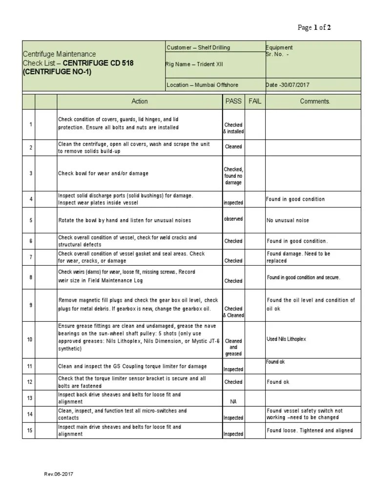 MAINTENANCE CHECKLIST Centrifuge CD 518 FH CF1 PDF Screw Tools